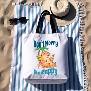 Don't Worry Be Cappy Large Capybara Beach Vacation Tote Bag